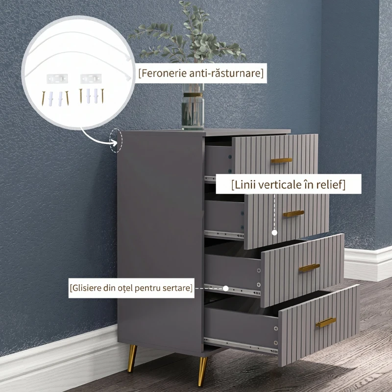 HOMCOM Comodă modernă cu 4 sertare din lemn și aluminiu, 60x40x90 cm, auriu și gri închis