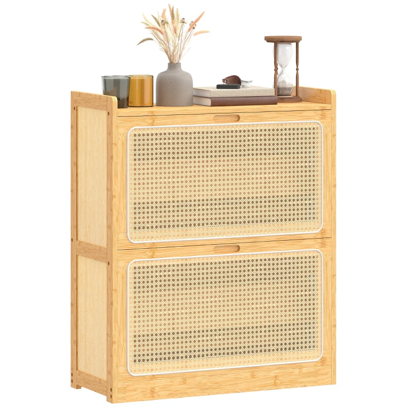 HOMCOM Meuble à chaussures 14 paires, armoire à chaussures 2 tiroirs rabattables, étagères réglables, 69x29x83cm, bois naturel