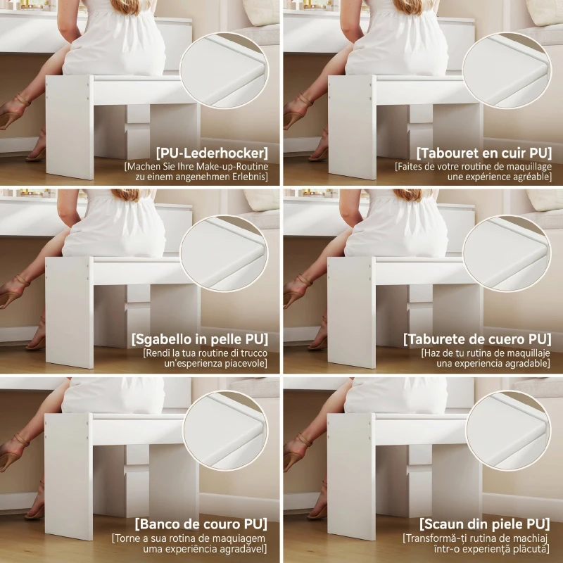HOMCOM Masă de Toaletă pentru Machiaj cu Oglindă, Design Hollywood, 8 Lămpi LED, 7 Sertare și Taburet Tapițat, Alb