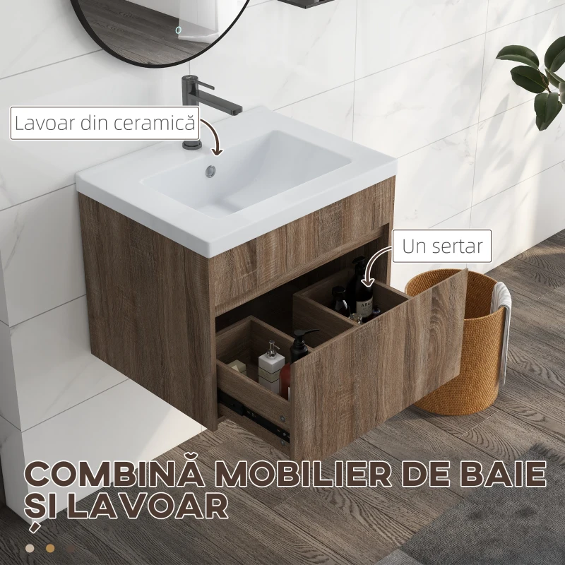 kleankin Dulap pentru chiuvetă de 60cm cu sertar din lemn și lavoar din ceramică, maro deschis