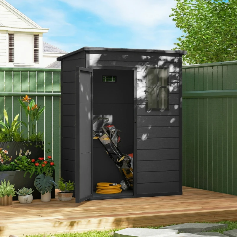 Outsunny 5' x 3' Garden Shed with Floor, Outdoor Storage Shed with Lockable Door, Window and Vent, Dark Grey
