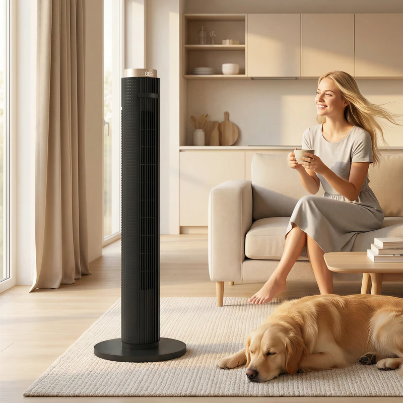 HOMCOM Tower Fan with WiFi App Control, Standing Floor Fan with 3 Speed 4 Modes, 12 Hour Timer and Night Light Black