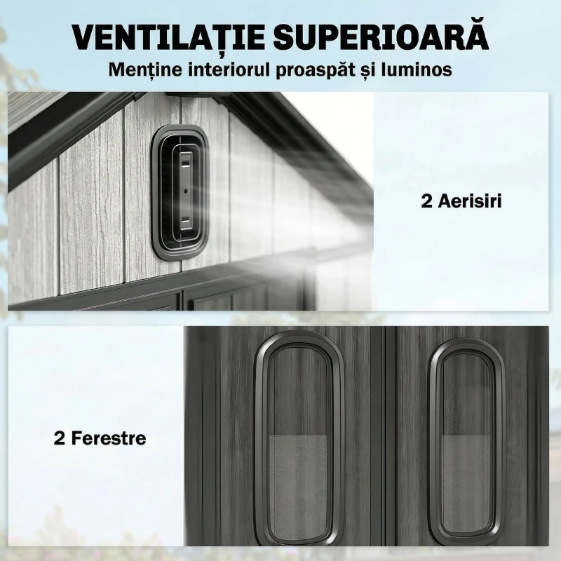 Outsunny Depozit de grădină, șopron, depozit pentru unelte, din plastic, cu podea, cadru metalic, guri de aerisire, 2 ferestre, uși duble blocabile, acoperiș înclinat, 3m², gri