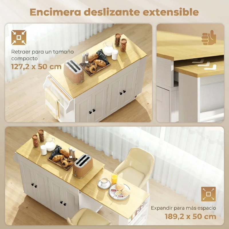 HOMCOM Isla de Cocina con Ruedas Encimera Extensible 4 Puertas Estantes Ajustables Especiero y Soporte para Toallas Blanco