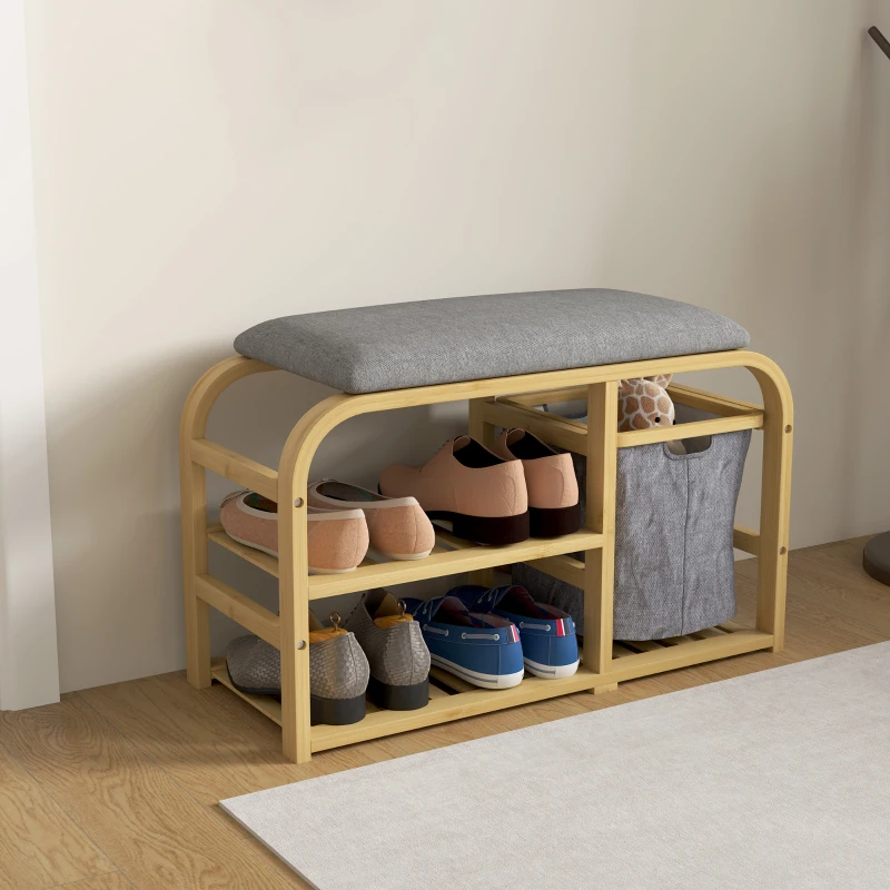 HOMCOM Bancă Pantofar pentru Hol cu Șezut Tapițat, Design cu Șipci și Coș Detasabil, 70x30x45 cm, Lemn