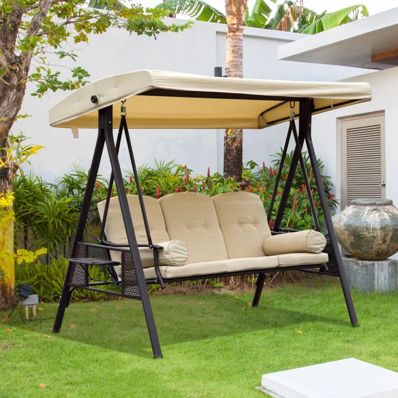 Outsunny Balancelle de Jardin 3 Places Grand Confort Toit Inclinaison réglable Coussins Plateaux rétractables Polyester filé Beige