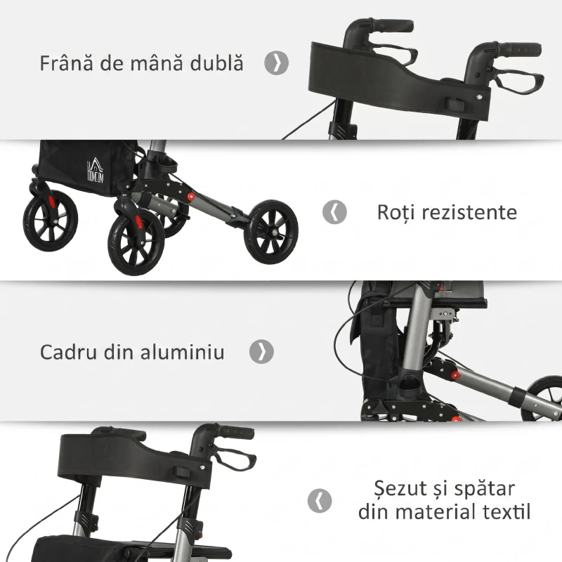 HOMCOM Cadru de mers pliabil din aluminiu, reglabil pe înălțime, cu geantă, 64x67x80-92 cm, negru și argintiu