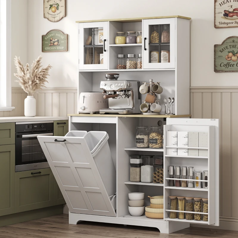 HOMCOM 175cm Tall Kitchen Cabinet, Kitchen Cupboard with Rubbish Bin Cabinet, 3 Door Shelves and 2 Acrylic Doors, White