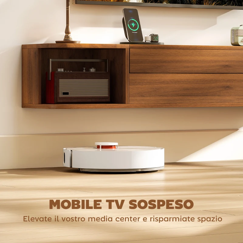 HOMCOM Mobile Porta TV fino 50" Sospeso con Prese di Corrente, USB e Tipo C, Cassetto e Ripiani, 120x24x22.4 cm, Noce