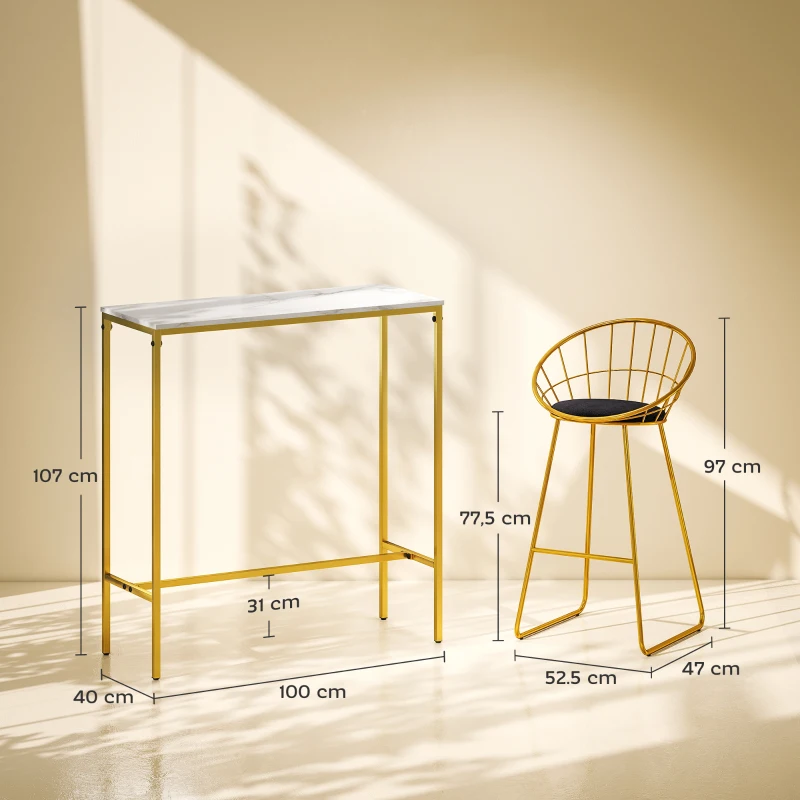 HOMCOM Ensemble table de bar avec tabourets table à manger debout avec 2 chaises pieds en acier 100 x 40 x 107 cm doré