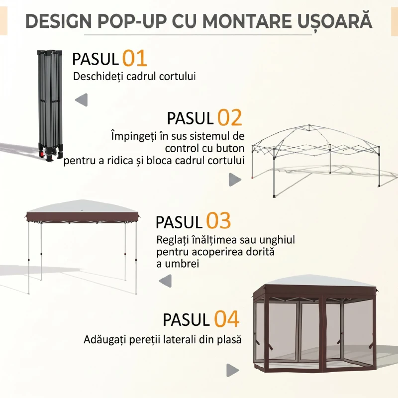 Outsunny Pavilion pliabil 3 x 3 (m) cu plase si geanta de transport cu rotile, cort de evenimente cu inaltime reglabila, cort de gradina, curte, bej
