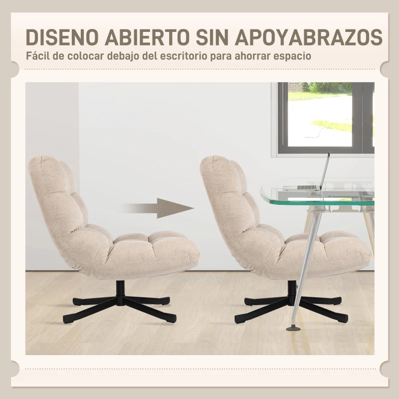 HOMCOM Butaca de Salón Giratoria Moderna Tapizada en Chenilla con Asiento Ancho Base Cruz y Patas de Acero Sillón Relax Crema