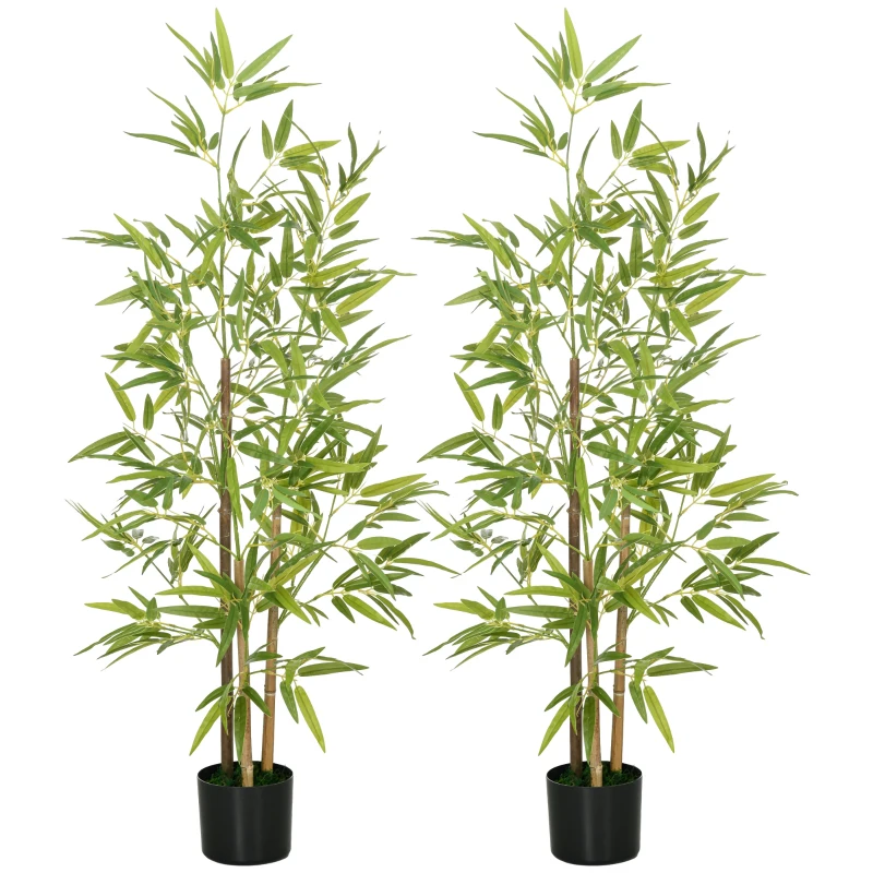 HOMCOM Bambus-Kunstbaum 2er-Set, 3 Stämme, pflegeleicht, 120 cm, Zementtopf, Grün