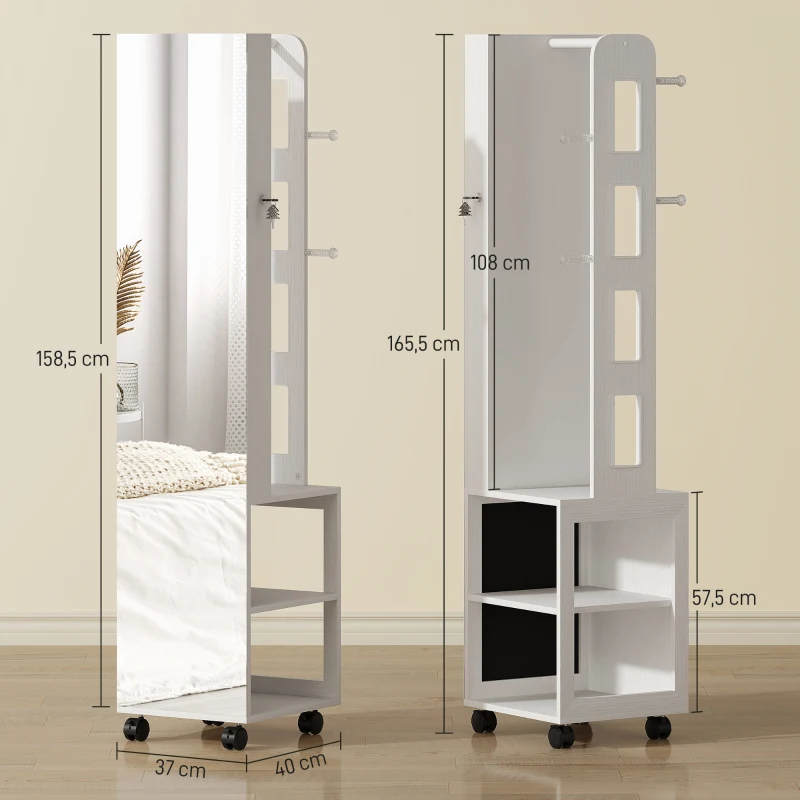 HOMCOM Armadio Portagioie con Specchiera Girevole a 360°, Luce LED Regolabile, Serratura e Ripiani, 37x40x165.5 cm, Nero