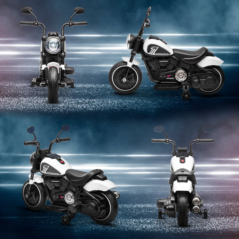 HOMCOM Motocicletă Electrică pentru Copii 18-36 Luni cu Roți Ajutătoare și Far, 76x42x57 cm, Alb și Negru