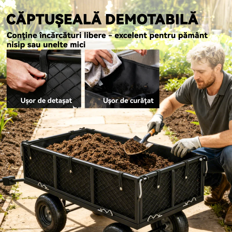 Outsunny Cărărușă de Grădină din Oțel 114L cu Sac pentru Depozitare și Pereți Detașabili, 105x51x54 cm, Negru
