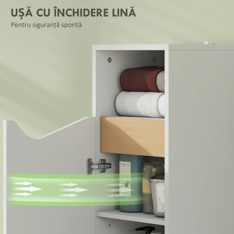 HOMCOM Dulap de Baie Îngust cu Ușă Amortizată și Spațiu Deschis, Dulap Salvaspațiu cu Rafturi Reglabile, pentru Bucătărie, Sufragerie, 30x30x71,5 cm, Alb și Lemn Natural