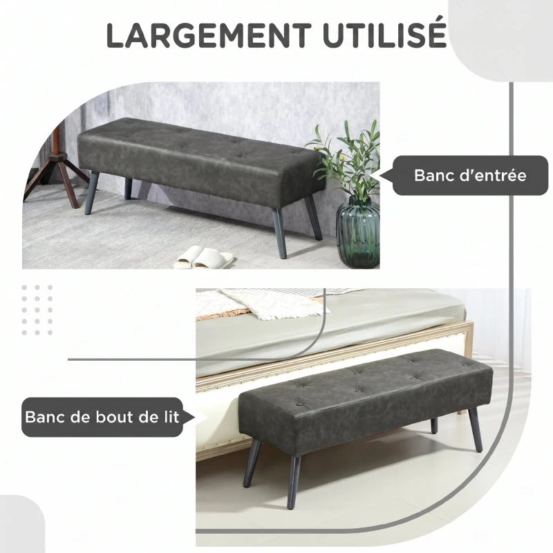 HOMCOM Banc bout de lit banquette capitonnée style vintage 114 x 38 x 42 cm piètement bois revêtement gris