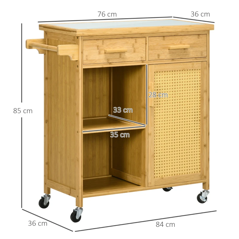 HOMCOM Küchenwagen aus Bambus, Mehrzweckwagen, Sevierwagen, 2 Schubladen, 1 Schrank,  2 Regale, Natur
