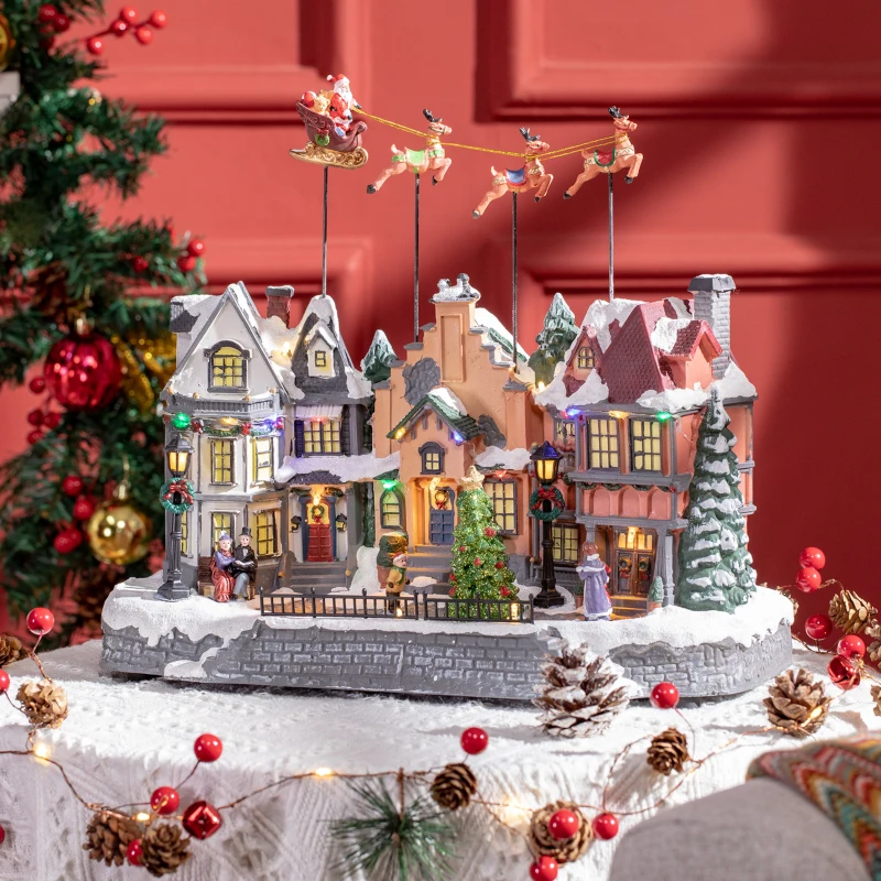 HOMCOM Pueblo Navideño Escena Navideña con Luces Papá Noel y Renos Móvil Decoración de Navidad 38,5x20,5x33cm Multicolor