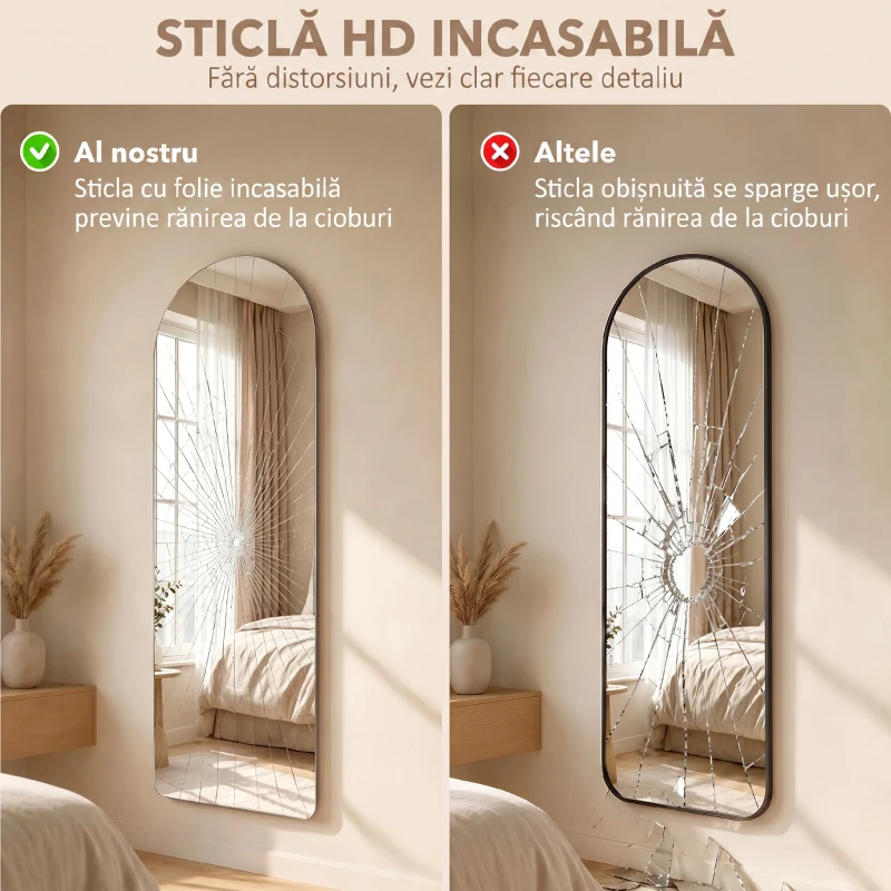 HOMCOM Oglindă de Perete Arcuită cu Iluminare LED Reglabilă și Control Touch, din Sticlă Temperată, 40x3x120 cm