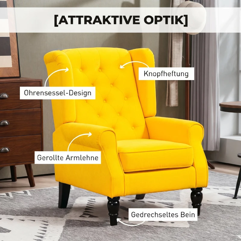 HOMCOM Poltrona de Sala com Apoios de Braço e Pernas de Madeira Capacidade de 160 kg para Quarto Escritório 74x86x102 cm Amarelo