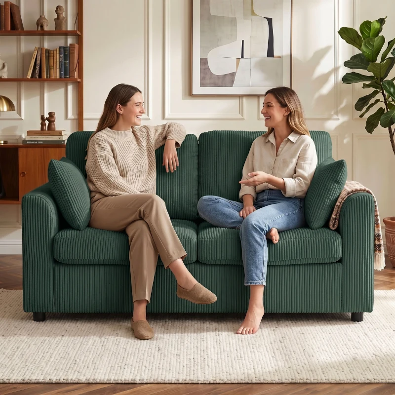 HOMCOM 2 Seater Sofa, Corduroy Small Couch with Spring Cushion, Wide and Deep Seat, Dark Green