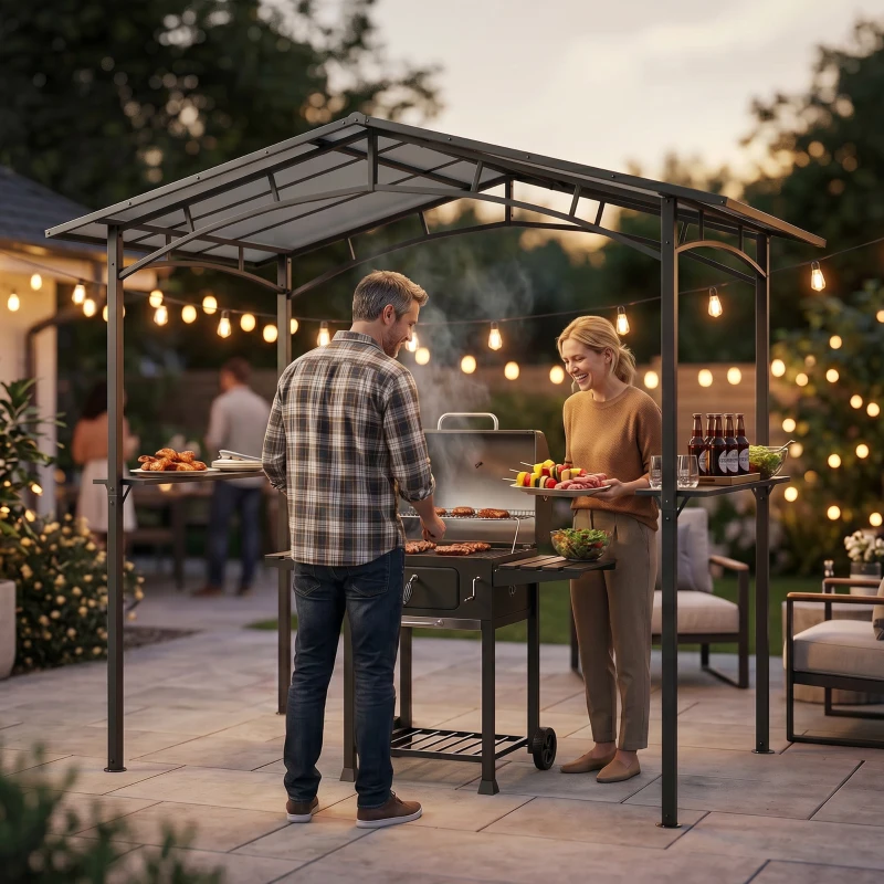 Outsunny 246 x 149cm Outdoor BBQ Protective Gazebo Tent Aluminium Steel Frame w/ 2 Shelves Hardtop Roof Canopy Ground Stakes Safe Cooking