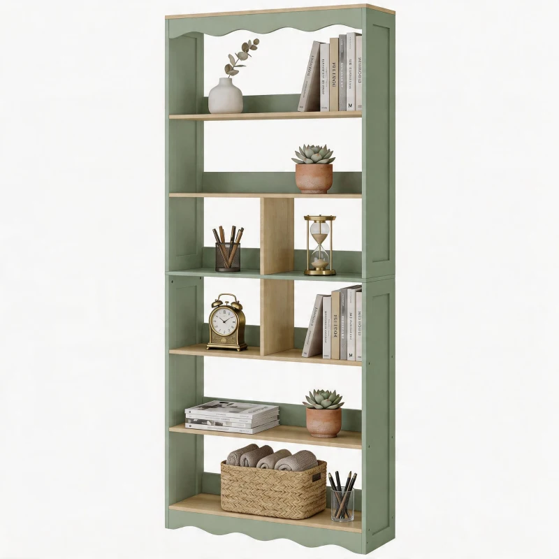 HOMCOM Bibliothèque, étagère de rangement à 6 niveaux avec 6 compartiments ouverts, 76 x 23,8 x 180 cm, bois naturel et vert