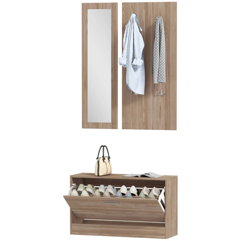 HOMCOM Set Mobili da Ingresso con Panca Scarpiera, Appendiabiti a Muro e Specchio, 80x27x46.5 cm, Marrone Scuro