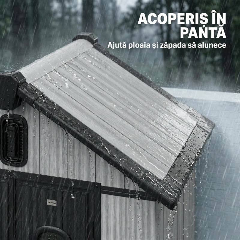 Outsunny Depozit de grădină, șopron, depozit pentru unelte, din plastic, cu podea, cadru metalic, guri de aerisire, 2 ferestre, uși duble blocabile, acoperiș înclinat, 3m², gri