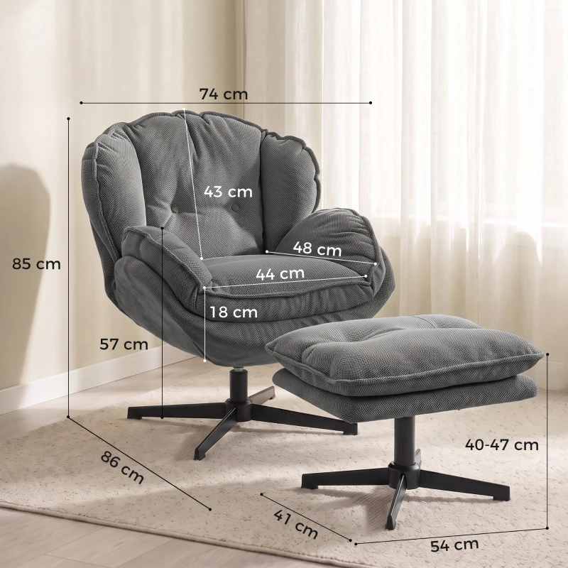 HOMCOM Armchair with Adjustable Footstool, 360° Swivel Chenille Cloud Accent Chair with Thick Cushion, Steel Base, Grey