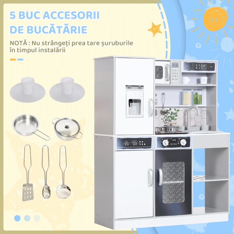 AIYAPLAY Set Bucătărie de Jucărie din Lemn cu Arzător cu Lumini și Sunete, Chiuvetă cu Circuit de Apă și Accesorii, Alb