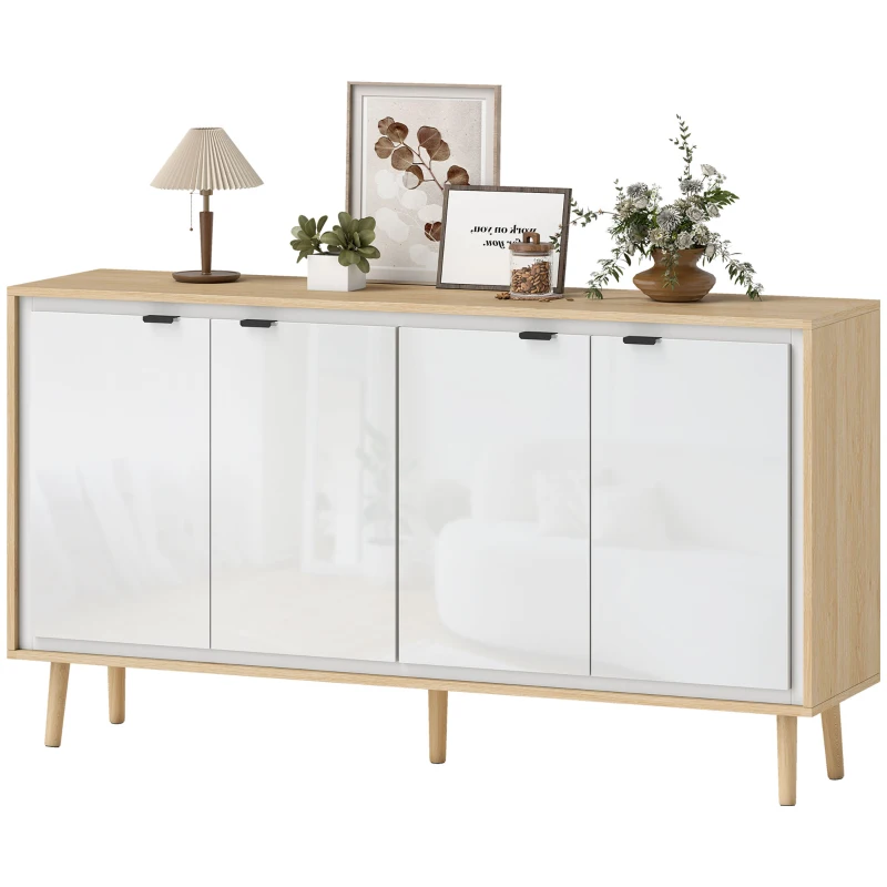HOMCOM Bufet Modern cu 4 Uși și Raft Reglabil, 141x35x77 cm, Alb Lucios și Stejar