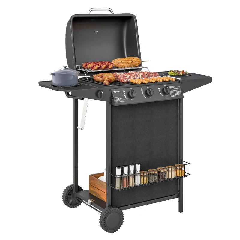 Outsunny Barbecue gaz 3+1 brûleurs en acier, puissance 9,5 kW, barbecue de jardin table latérale, 108 x 54 x 97 cm, noir