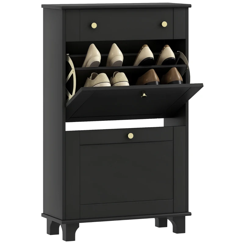 HOMCOM Meuble chaussure entrée étroit avec tiroirs à portes abattants et étagère réglable, 60 x 23,5 x 98,5 cm, noir(m-11)