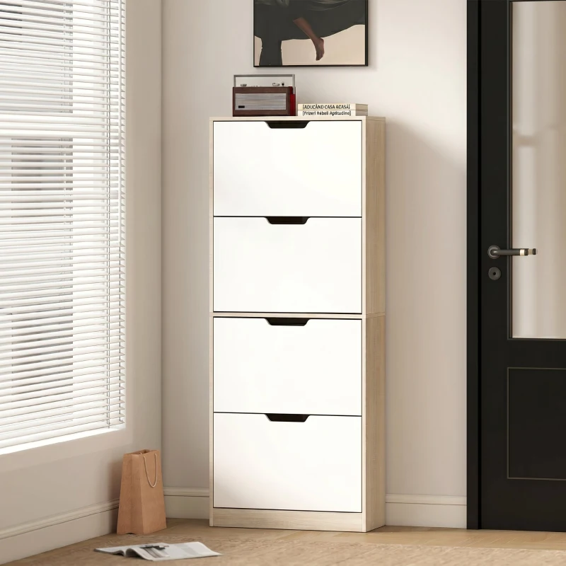 HOMCOM Dulap Subțire pentru Pantofi cu 4 Sertare pentru 20 de Perechi de Pantofi 62.5x26x156 cm, Culoare Lemn și Alb