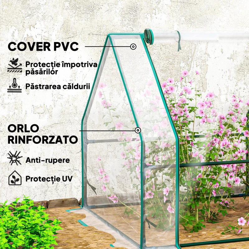 Outsunny Mini Seră de Grădină cu 4 Uși Rulabile și Prelată Extinsă, din Oțel și PE, 360x90x90 cm, Transparentă