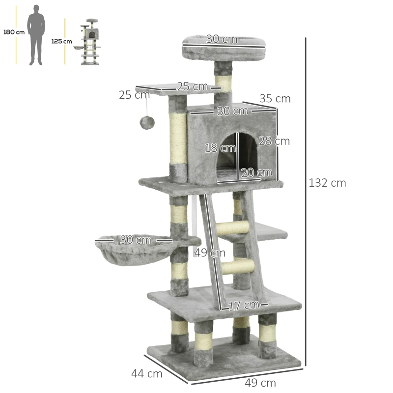 PawHut Árvore para Gatos Multi-equipamentos Arranhadores Raspadores Tocas Plataformas Escada Rede Bola Suspensa Cinza