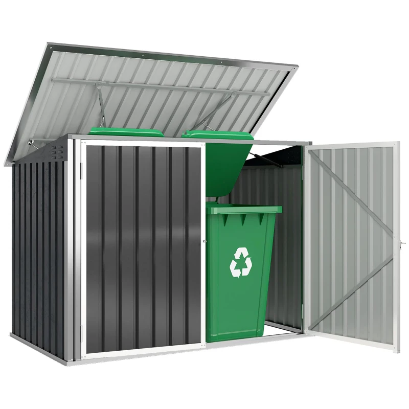 Outsunny Cache Poubelle Double Abri de Jardin 2 Poubelles de 240L Couvercle Lié par Chaînes Vérins à Gaz 179,5x108x129,5cm Gris
