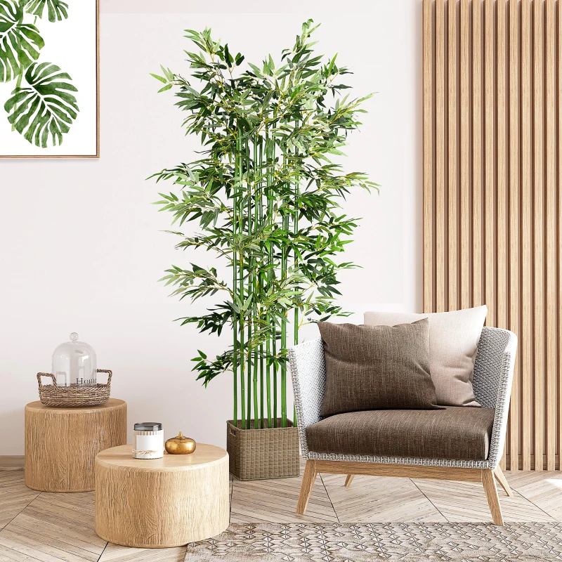 HOMCOM Plantă Artificială de Bambus, Înălțime 180 cm, cu 1640 de Frunze și Bază din Lemn de Pin, 35x10x10 cm, Verde
