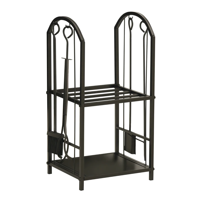 Outsunny Suport lemne cu 2 rafturi din metal, cu lopată, mătură, cârlig și clește, 41,5x32,5x74,5 cm, negru