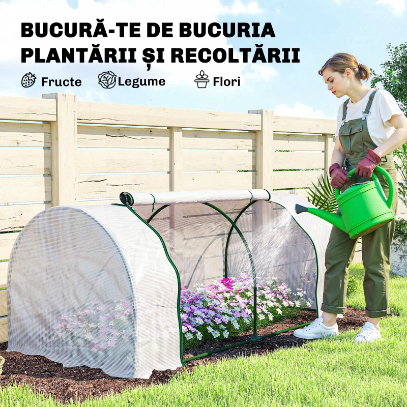 Outsunny Seră de Grădină cu Ferestre Rulabile, Husă Plastic Anti-UV, 200 x 100 x 80 cm, Alb
