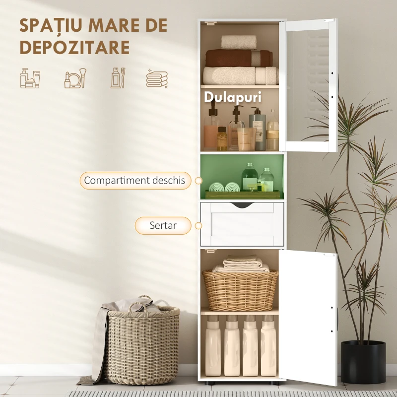 HOMCOM Mobilier Baie Slim cu Dulapuri și Ușă din Sticlă, Mobil Economisitor de Spațiu cu Raft Deschis, Sertar, Rafturi Reglabile, Coloană Modernă, 40x30x165 cm, Alb