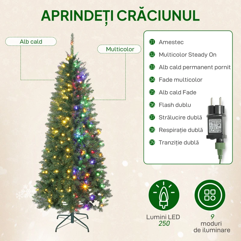 HOMCOM Brad de Crăciun de 180 cm, iluminat cu 250 de lumini albe și colorate, 899 ramuri și 9 moduri de iluminare