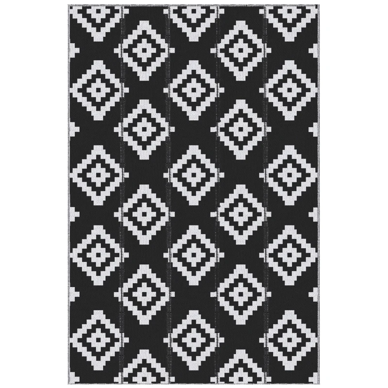 Covor de Exterior Outsunny pentru Balcon și Terasă Reversibil cu Motiv Geometric, 2.74x1.82 m, Negru și Alb
