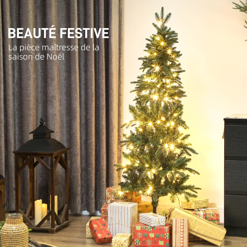 HOMCOM Sapin de Noël artificiel 150 cm, arbre de Noël slim avec 150 lumières 8 modes d'éclairage 431 branches articulées, vert