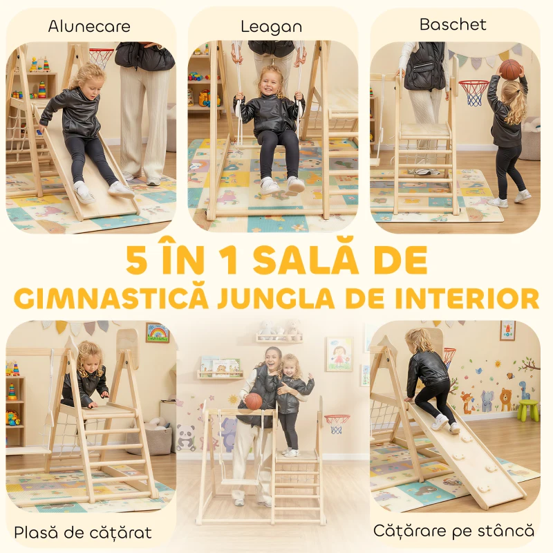 AIYAPLAY Set de Cățărare 5 în 1 Pliabil cu Tobogan, 2 Panouri, Leagăn și Coș, din Lemn, 140x172,5x116,5 cm