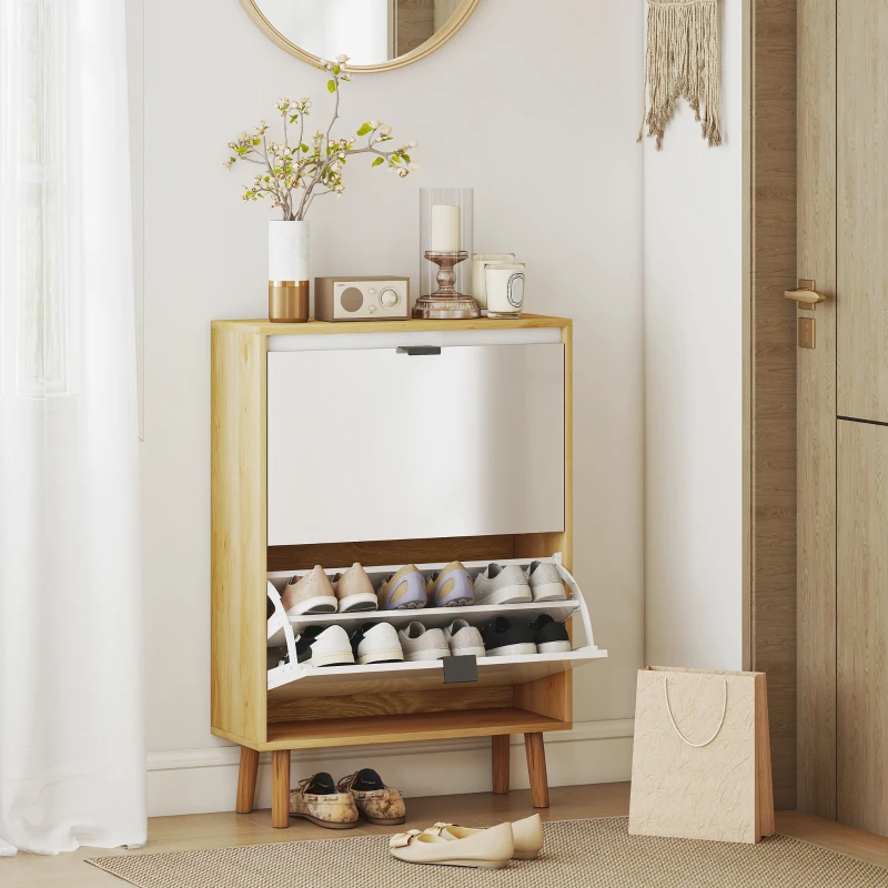 HOMCOM Meuble à chaussures, armoire à chaussures étroite, 2 tiroirs rabattables, portes haute brillante, 60x24x91cm, blanc