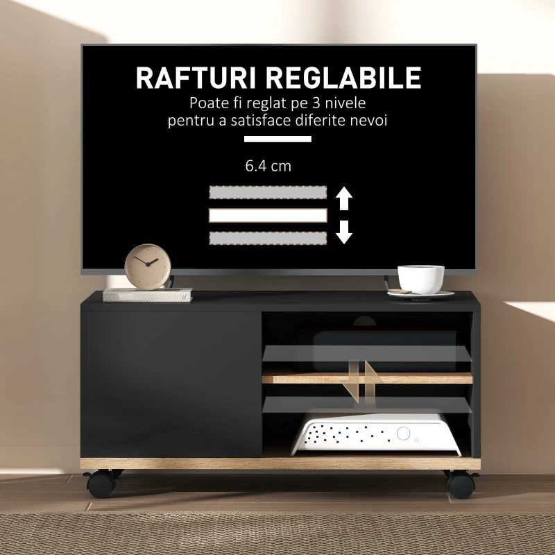 HOMCOM Mobilier TV pentru Televizoare până la 42" cu Roți și Frâne, Dulap și Raft Reglabil, 80x45x41 cm, Negru